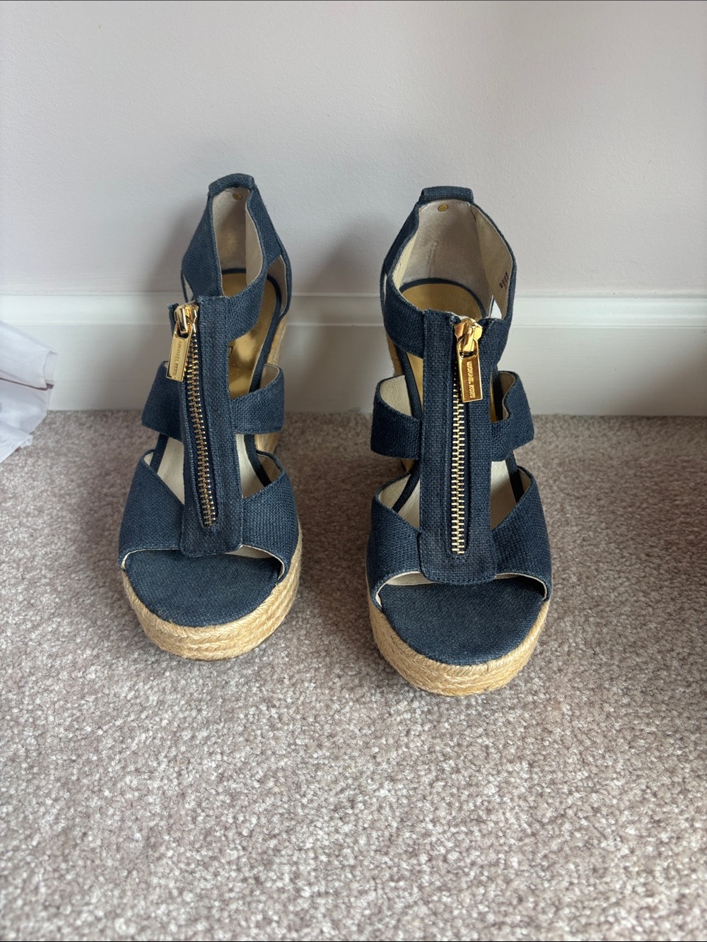 Michael Kors Navy Espadrille Wedge Sandals with Gold Zip